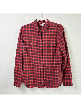 LL Bean Signature Flannel Shirt Womens Size 16 Red Black Plaid Check Button Up